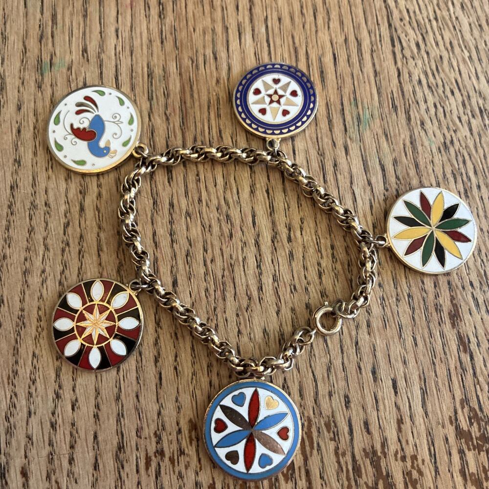 Vintage 60s Pennsylvania Dutch Hex Charm Bracelet Enamel Cloisonné Bird 7”